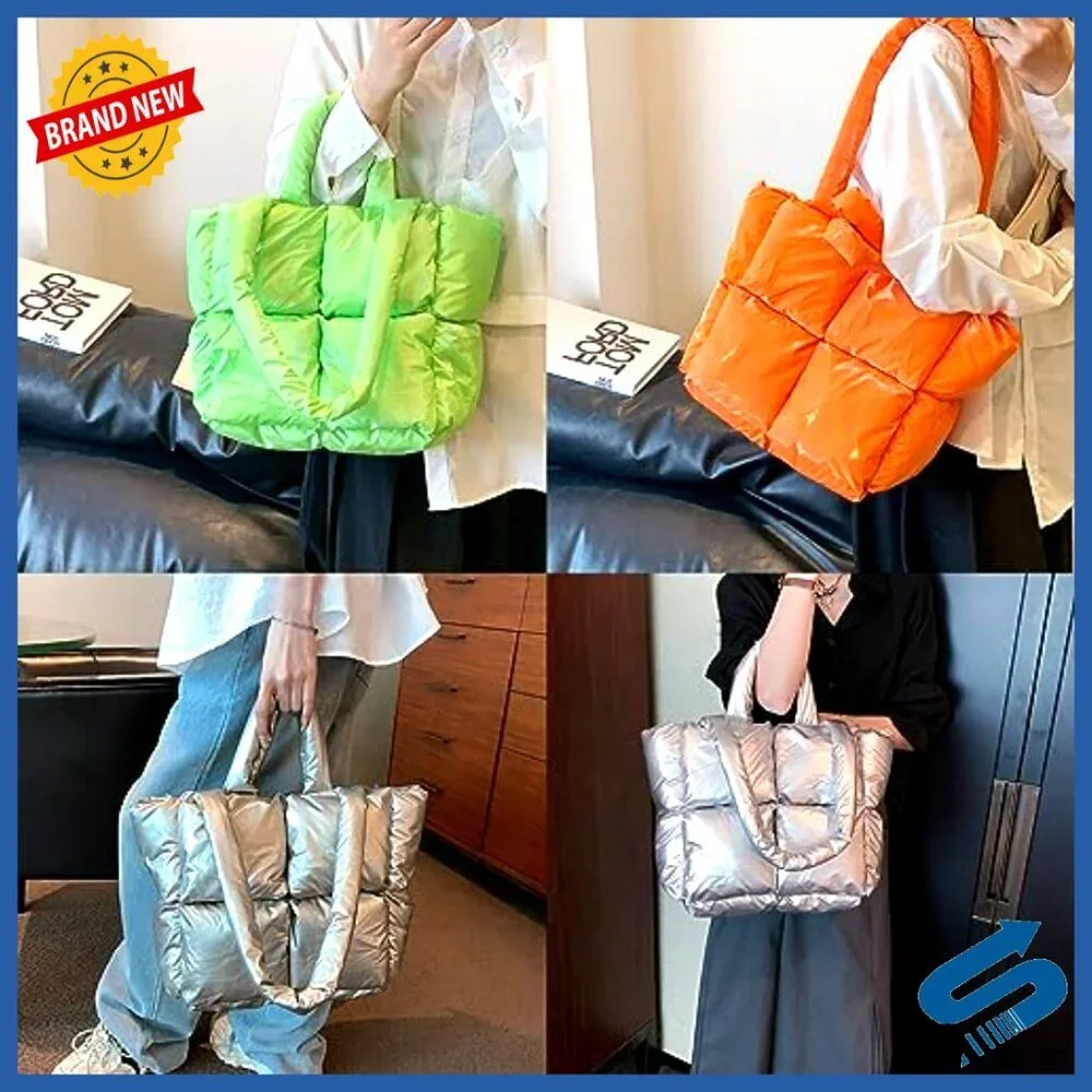 Large Padded Puffer Tote Bag with Lattice Design, Shoulder Strap